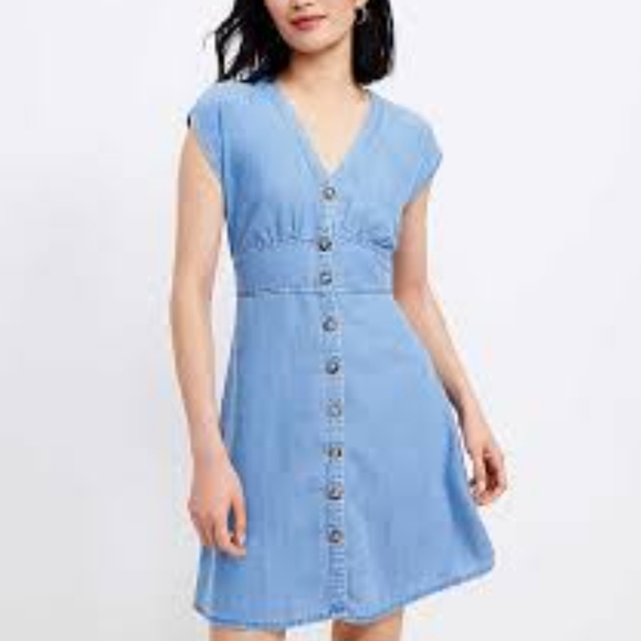 Loft Petite Chambray Button Down Flare Dress in Botanic Blue - Picture 12 of 13